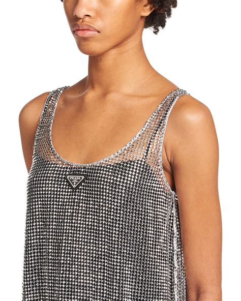 prada rhinestone embroidered mesh mini-dress